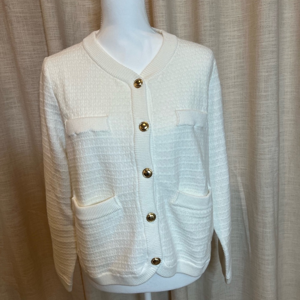 Ivory Button-Front Women's Knit Cardigan